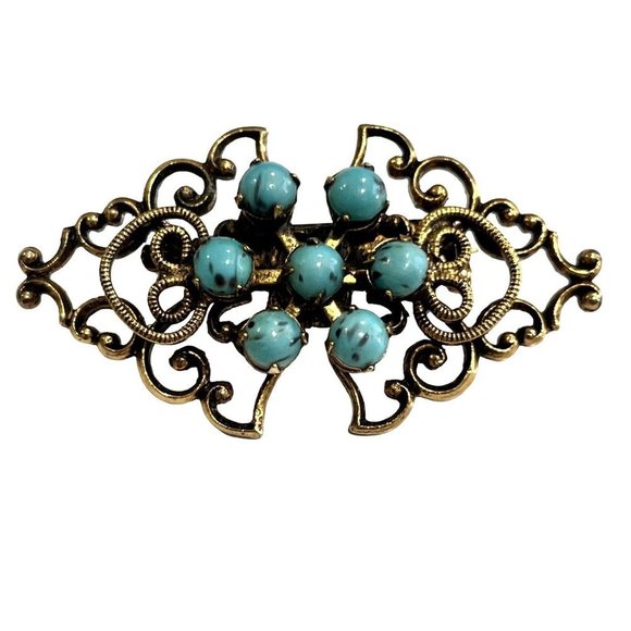VTG 1950's Art Nouveau Turquoise Brooch Fashion Jewelry 2" - Picture 4 of 7